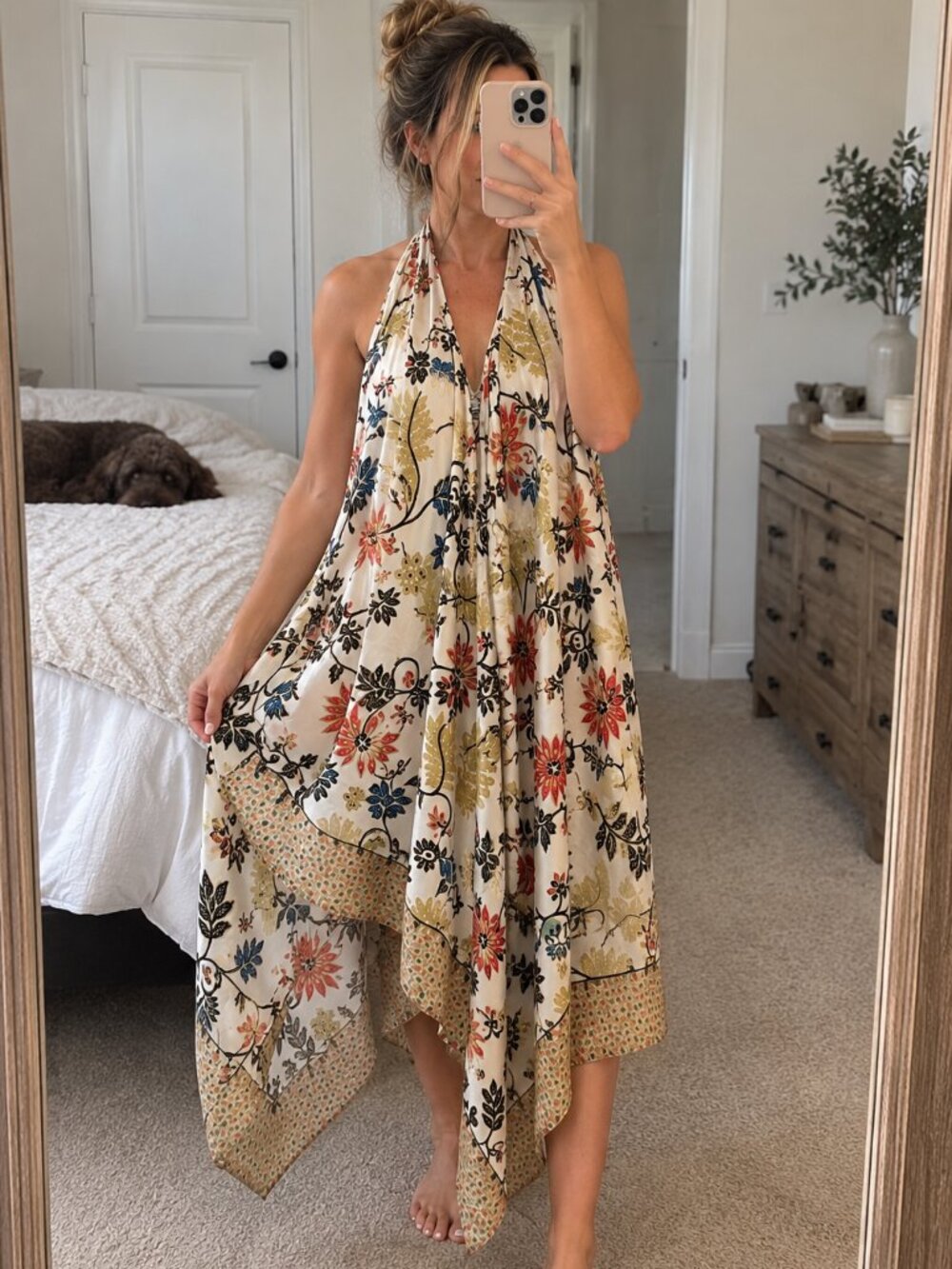 100% Silk Bali Floral Halter Handkerchief Dress Multiway Boho Resort